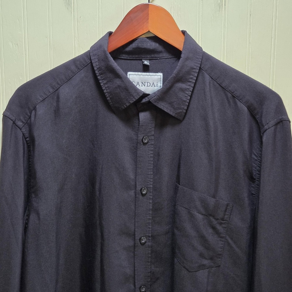 Canda Shirt Mens XL Black Solid Long Sleeve Viscose Blend Button-Up Casual